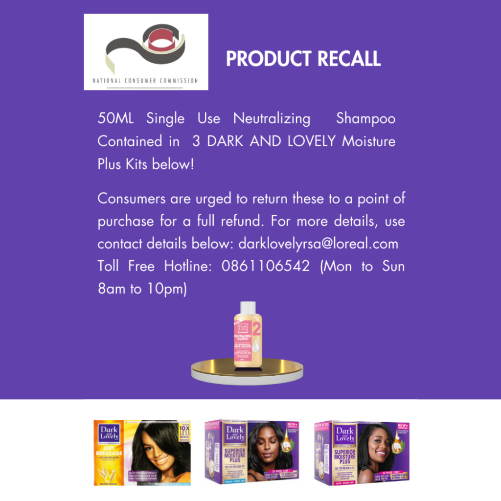 PRODUCT RECALL: 50ML SINGLE-USE NEUTRALIZING SHAMPOO CONTAINED IN DARK AND LOVELY MOISTURE-PLUS KITS